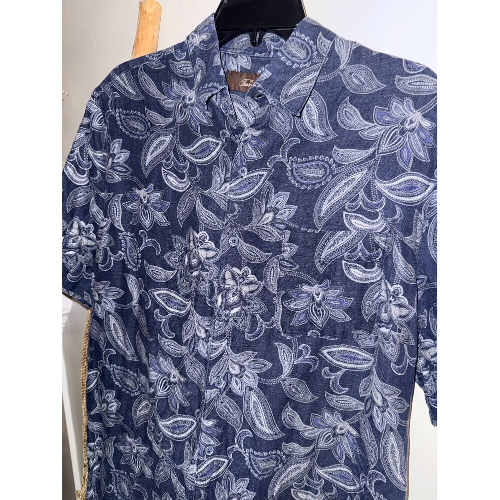 Tasso Elba Mens Paisley Bold Print Blue Linen Silk Button Down Collard Shirt